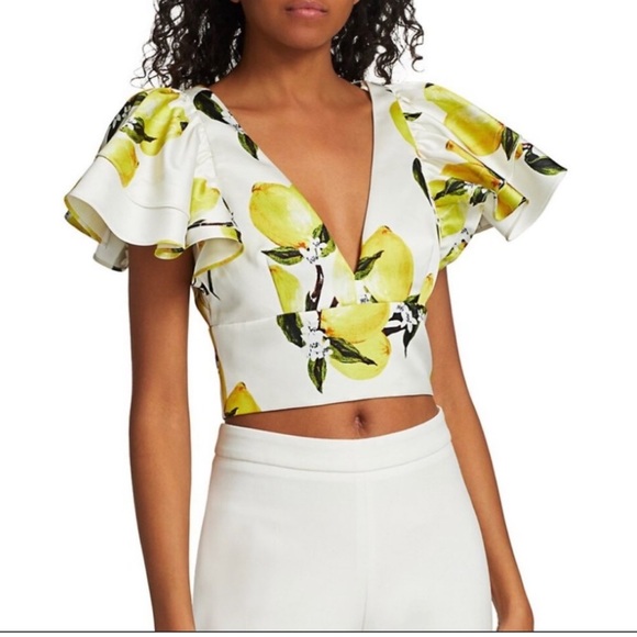AMUR Tops - Amur cropped ruffle sleeve lemon print crop top white yellow v neck